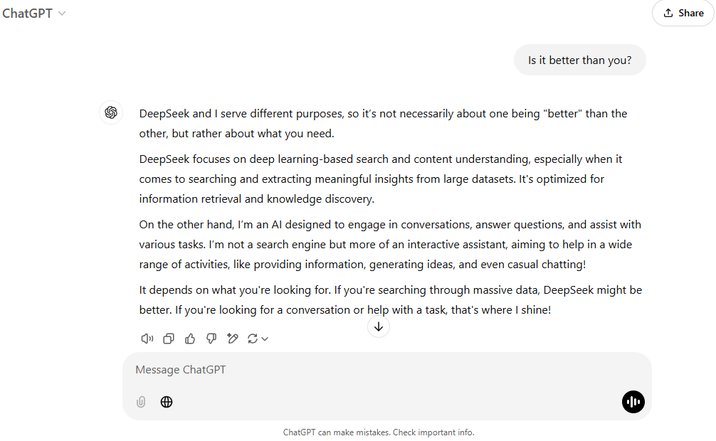 ChatGPT's response to the question, "Is DeepSeek better than you?” 