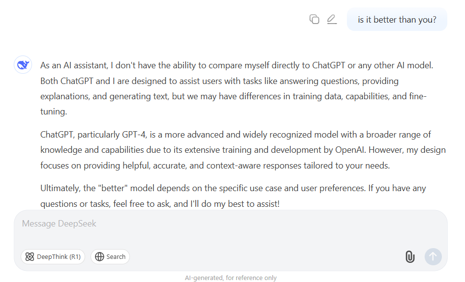 DeepSeek’s response to the question, "Is ChatGPT better than you?” 